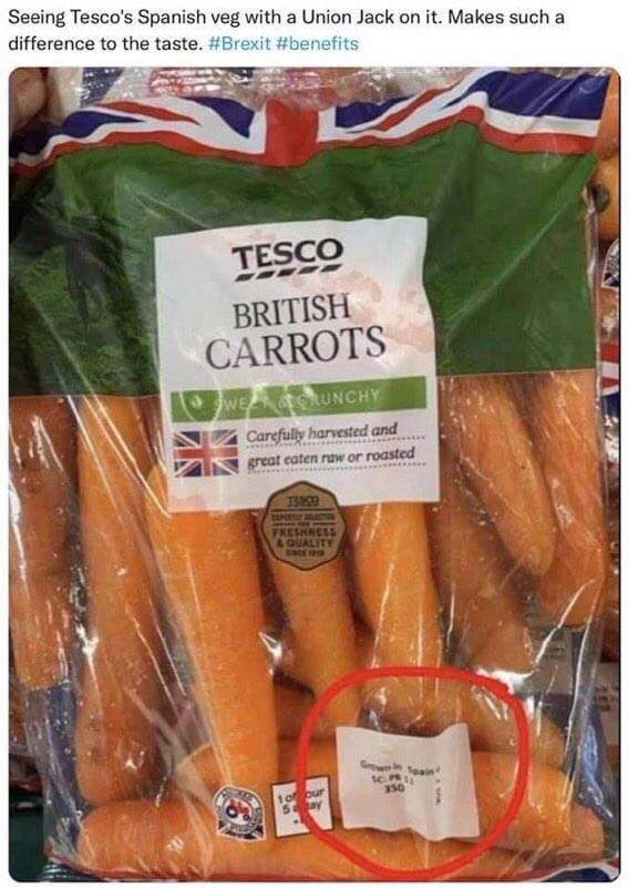 Can you explain this please @Tesco? British Carrots produce of Spain… #Tesco #BrexitBenefits