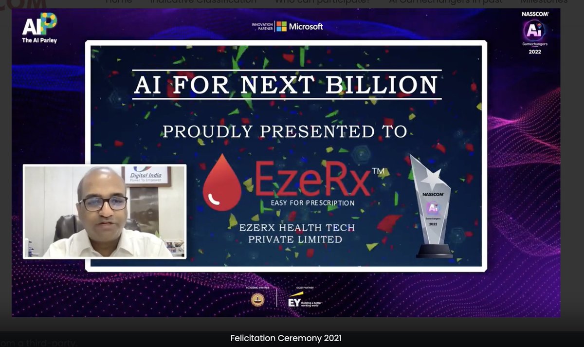 EzeRxHealth's tweet photo. NASSCOM AI Gamechangers 2022 Winner !
AI for Next Billion..
Proudly presented to @EzeRx
Thank you @nasscom @Microsoft @EYnews and @iitmadras for selecting us for the use case of : #EzeCheck - Non Invasive Screening Device.
#AIforAll #atmanirbharbharat https://t.co/OZ1w2SyrTo