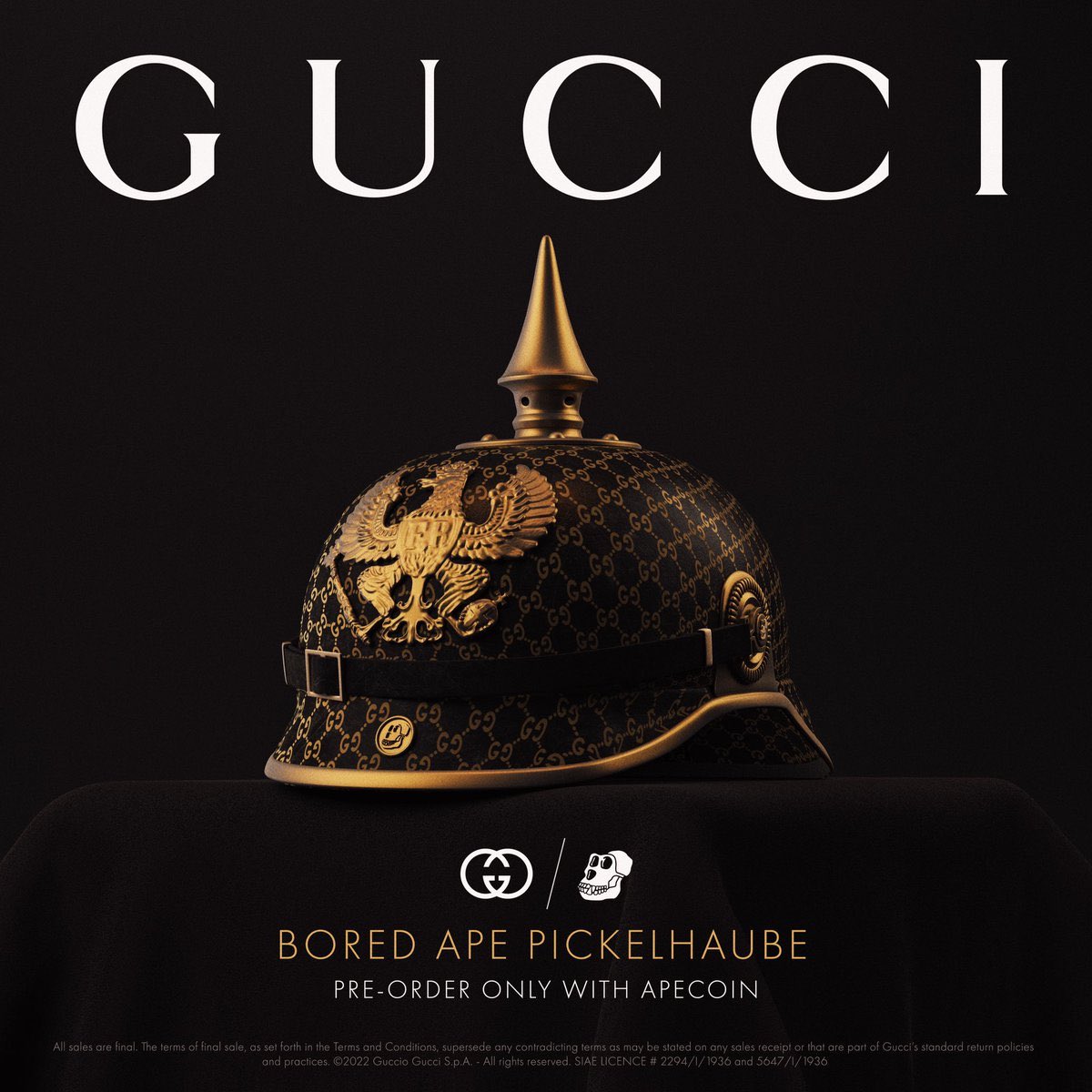 NfTknews's tweet photo. In the #GucciBAYC collection, Bored Ape traits are reframed in the Houseโs signature GG monogram beginning with the vintage-style Prussian Helmet.
Pre-orders start now. Discover more https://t.co/KkxGoWqM2P
๐@mikethree https://t.co/FCFVmNqugE