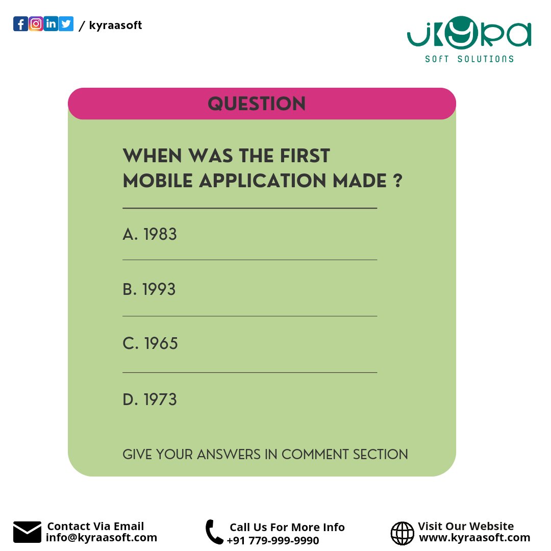 KyraSoft's tweet image. When was the first mobile application made?

Give your answers in the comment section.
For more details Please Contact :-
📞 : +91 77999 99990
Visit : kyraasoft.com
Email : info@kyraasoft.com

#quiz #webquiz #saturdayquiz #webdevelopment #webdeveloper #quiz #webdesign