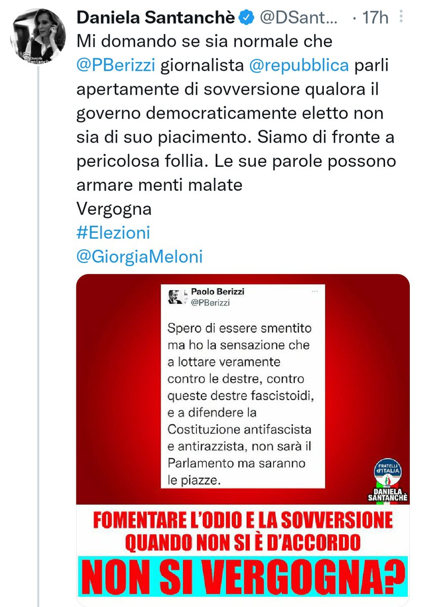 PBerizzi's tweet photo. Questa volta la sorella d'Italia Santanchè, con coro di CasaPound, mi accusa di fomentare la sovversione. Vediamo se la camerata del Twiga lo ribadirà in tribunale. La sovversione è quella dei fascisti che assaltano le sedi dei sindacati e per i quali vivo sotto scorta da anni. https://t.co/aHfghI8jDX