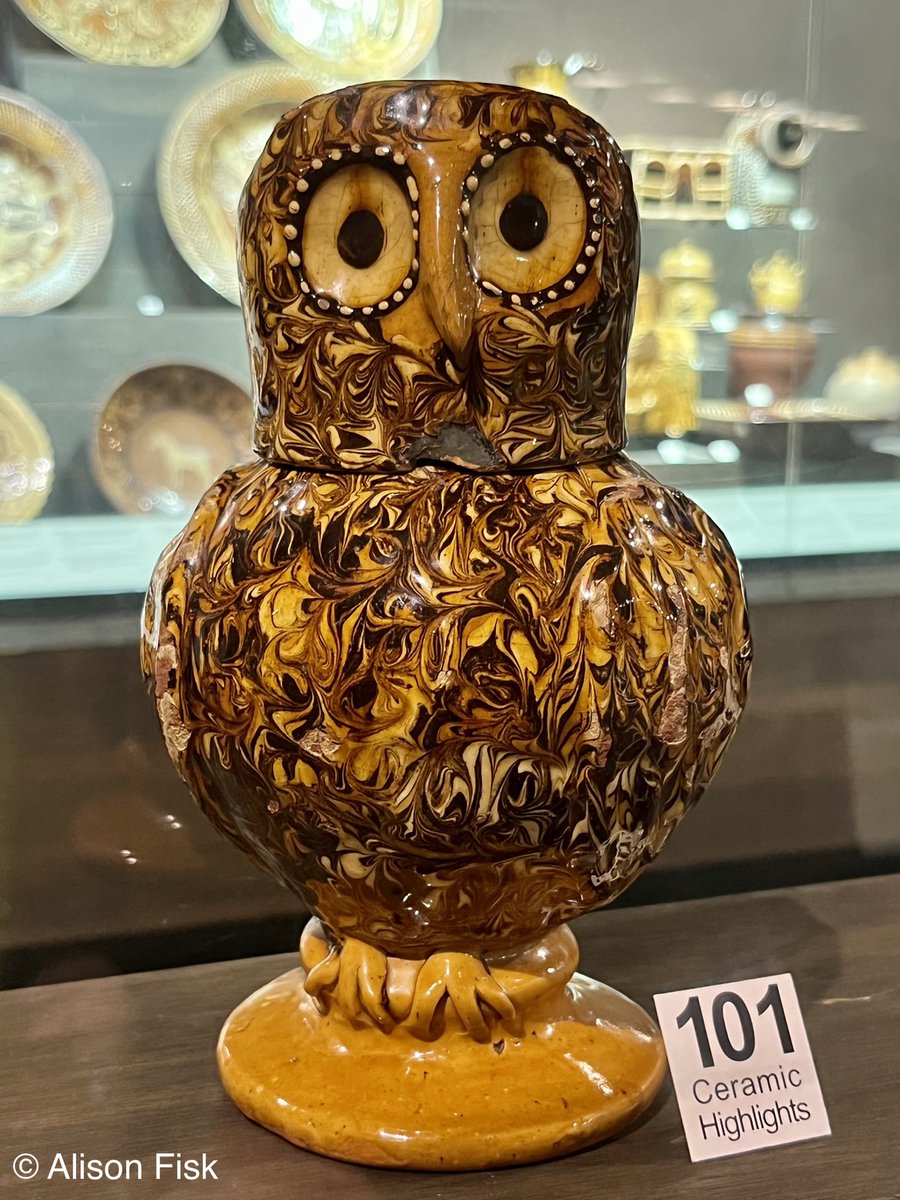 A rare slipware owl jug made in the Staffordshire Potteries, c