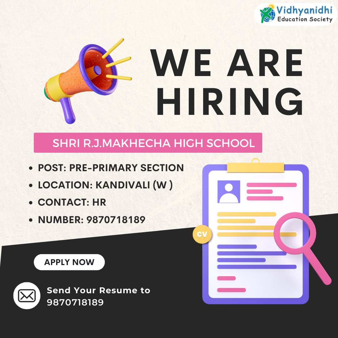 DiplomaTraining's tweet photo. Vacancy at Shri R.J.Makhecha High School 
Applicants note: when applying for the jobs use your discretion, as VES shall not be responsible for any unpleasant situations.
#teachingkids #teachertraining #jobvacancyalert #jobsvacancy #jobshiring #jobsinindia #jobvacancy2022 https://t.co/VKibkCNENA