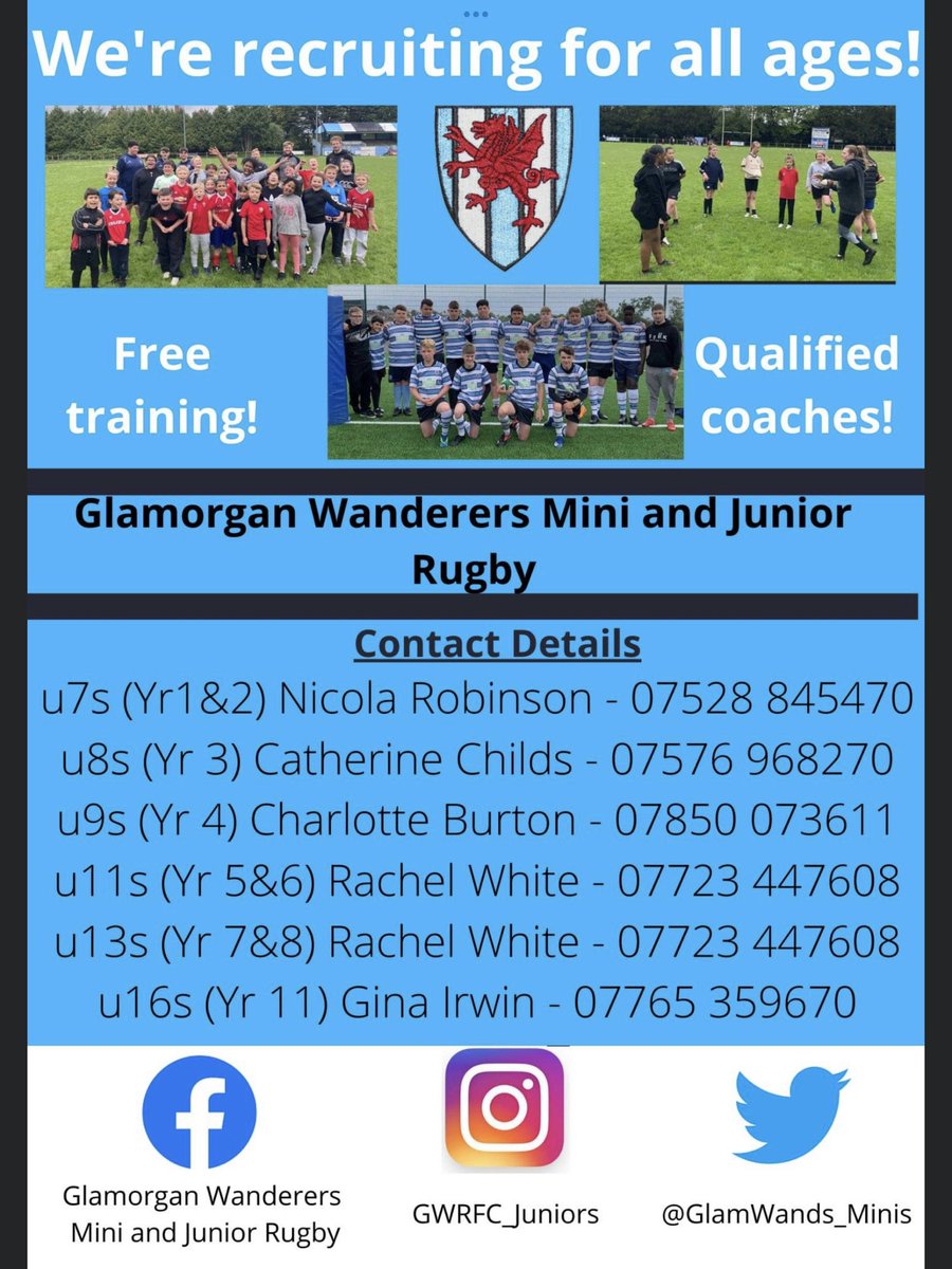 This weekend sees the return of training for @GlamWands_minis They have huge ambition and are hoping to have the most number of teams affiliated to the club in a long time! Come and support our fantastic rugby club where we put the needs of our families first 💙🖤🤍🏉