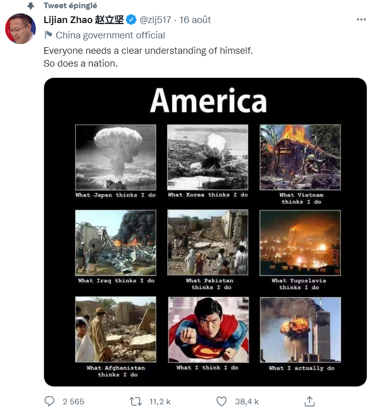 🔥Le porte-parole de la diplomatie chinoise avec 1.7 million d’abonnés sur twitter vient d’accuser publiquement les #USA d’avoir organisé les attentas du 11 septembre 2001 (en bas à droite) - Il a même épinglé son tweet!
#LijianZhao #Chine <a href="/YvesPDB/">Yves Pozzo di Borgo</a> <a href="/BugaultV/">BUGAULT Valérie</a> #WTC