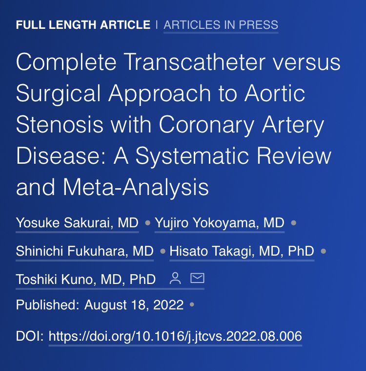 TAVR with PCI is associated with higher mortality compared to SAVR and CABG. jtcvs.org/article/S0022-…. Important to consider during heart team approach.