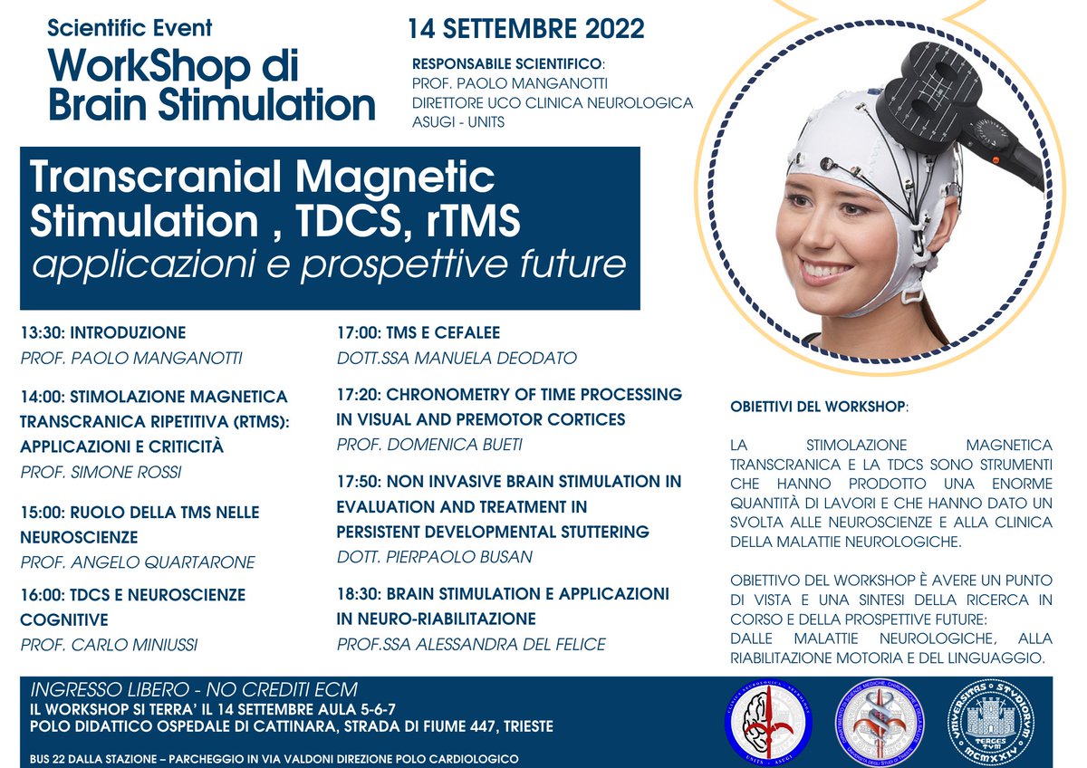 Il 14 Settembre si terrà un evento scientifico gratuito sulla stimolazione cerebrale, dove parleremo di TMS, TDCS e rTMS assieme a grandissimi e stimatissimi ospiti. Non è richiesta iscrizione.
Dalle 13:30, polo didattico ospedale di Cattinara, Strada di Fiume 447, Trieste.