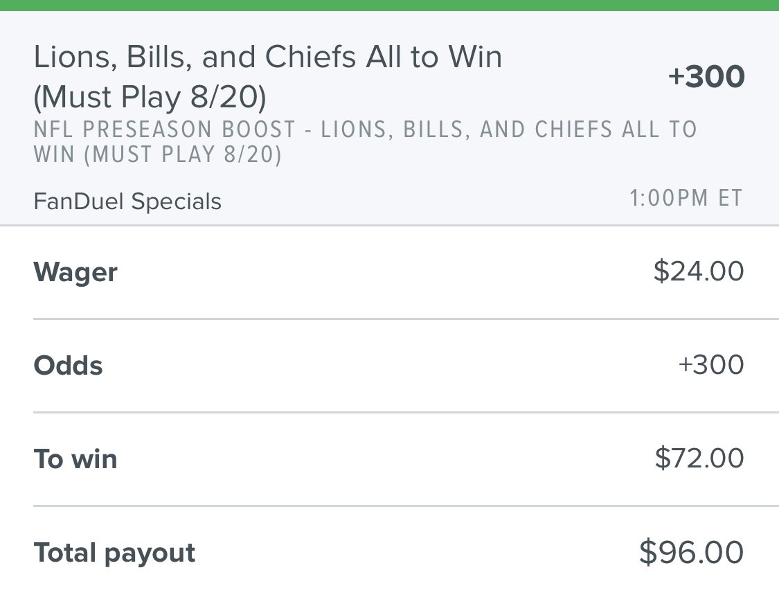 PromoSharks's tweet photo. FanDuel Football (the *real* football) Odds Boost
Lions, Bills, and Chiefs all to win boosted to +300!
Max bet: $50
Win probability: 26.8%
Fair odds: +273
Expected ROI: +7.2%
Optimal bet size: 2.4 units
Iβm in for $24 π€ https://t.co/SjTlMFeMrC