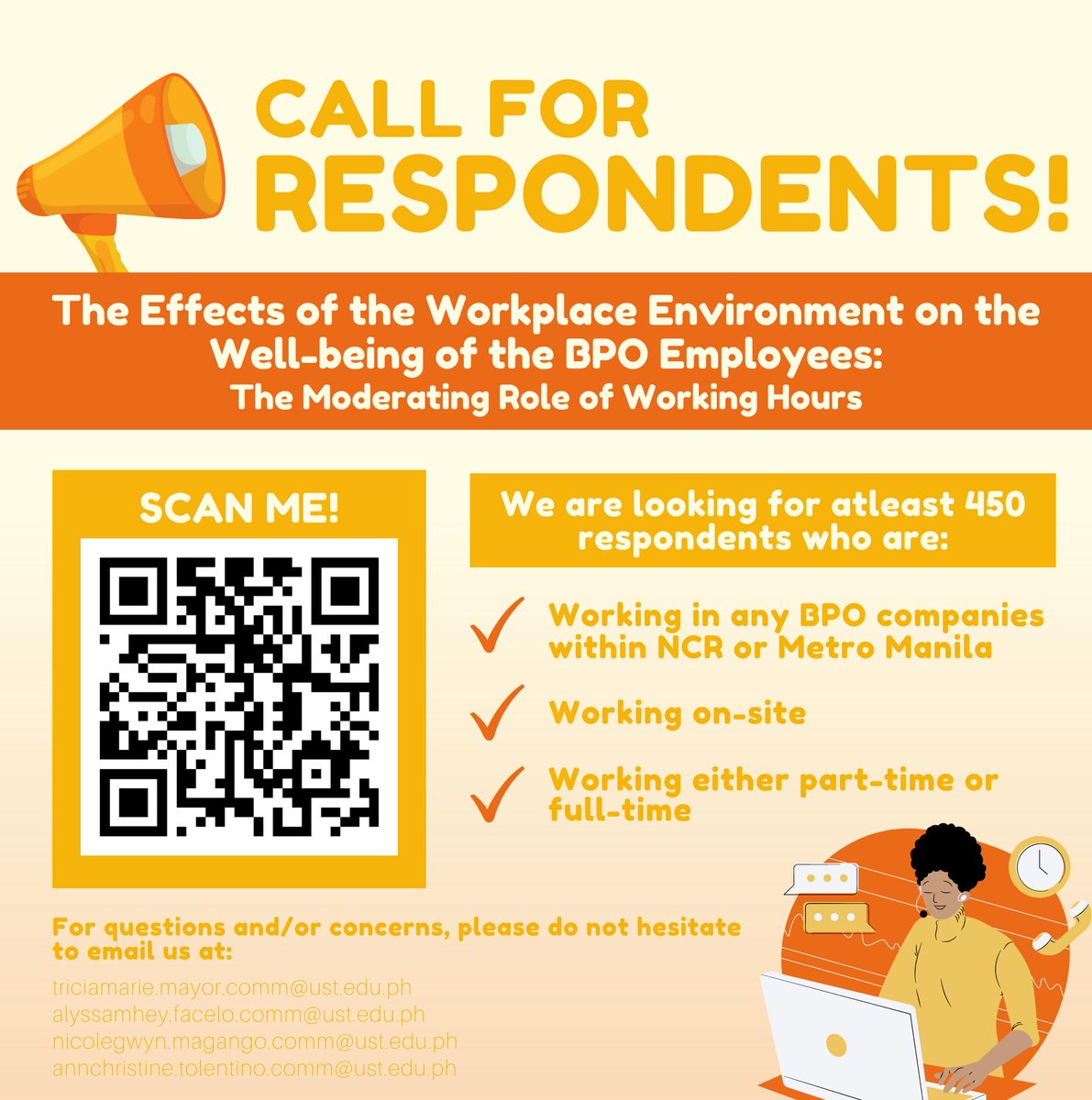 crgfive's tweet photo. 📣 CALL FOR RESPONDENTS 📣

We're looking for BPO employees working:
- onsite
- either part-time or full-time
- in any BPO companies within NCR

To access the survey, you may click the link below or scan the QR code provided. Thank you! 🫶

https://t.co/501lfgddGE

Kindly RT/LIKE https://t.co/jRHNd4gBsu