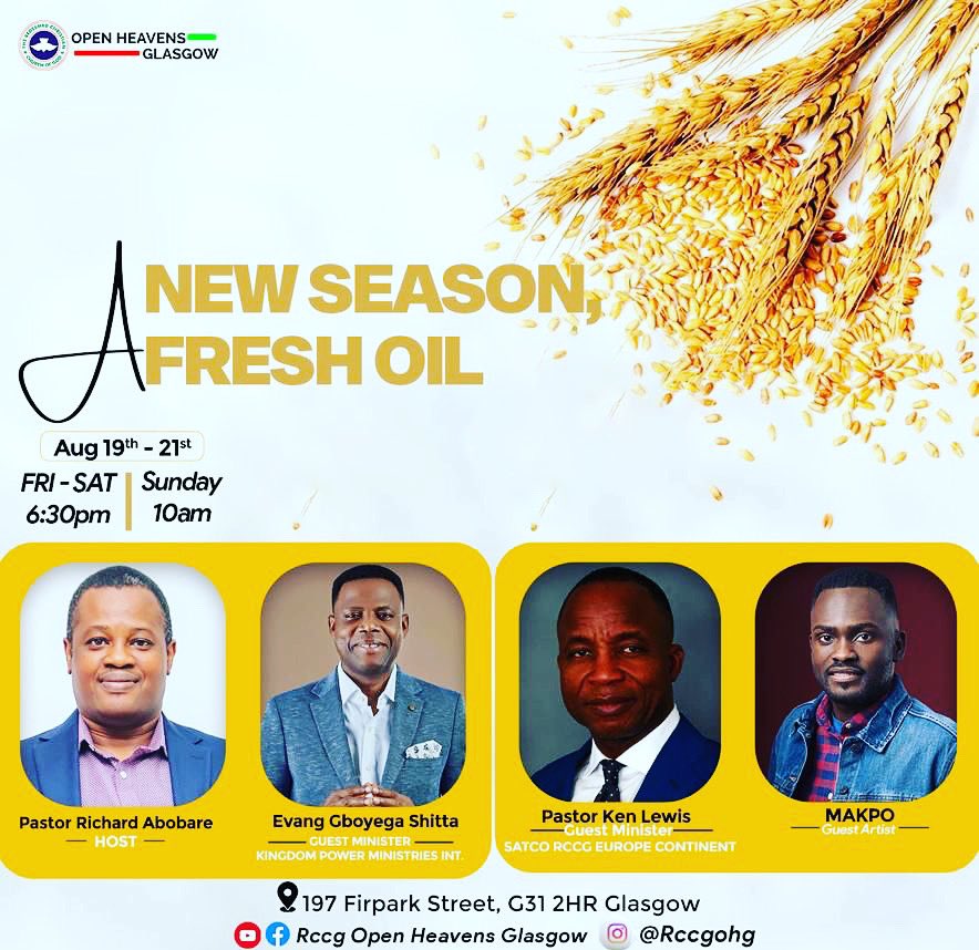 #FreshOil if you are in Glasgow. Don’t miss out todays worship, prayers &amp; the word 💪🏾💪🏾💪🏾
