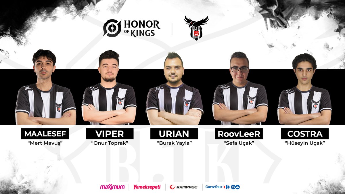 bjkesports's tweet photo. Onlar Honor of Kings'e hükmetecek. 🌪️
Karşınızda yeni ufuklara yelken açacak Honor of Kings takımımız.
• Mert "Maalesef" Mavuş
• Onur "Viper" Toprak
• Burak "Urian" Yayla
• Sefa "RoovLeeR" Uçak
• Hüseyin "Costra" Uçak
📲 #Beşiktaş #Esports | #HoK #ForzaBJK https://t.co/c5BHayEtTp