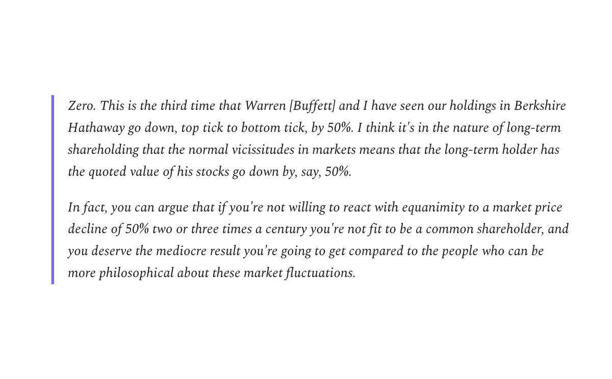 mkt_sentiment's tweet photo. Charlie Munger's response in 2009 when he was asked how concerned he was that Berkshire Hathaway shares (which made up most of his net worth) — dropped more than 50%. https://t.co/i1CLhpgXHF
