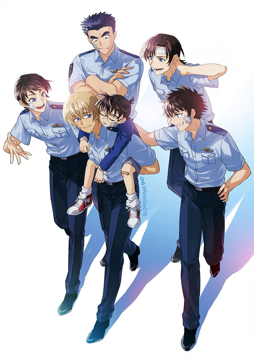 multiple boys shirt police police uniform glasses blue eyes male focus  illustration images