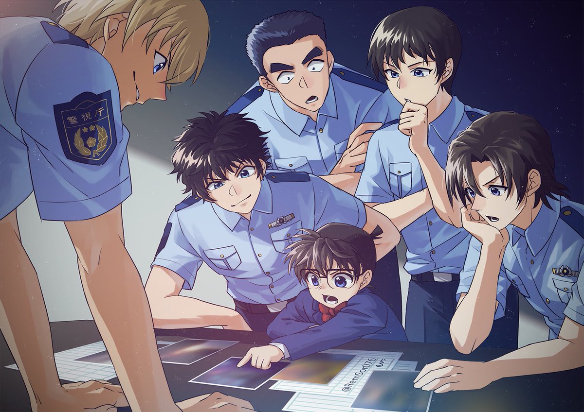 multiple boys shirt police police uniform glasses blue eyes male focus  illustration images