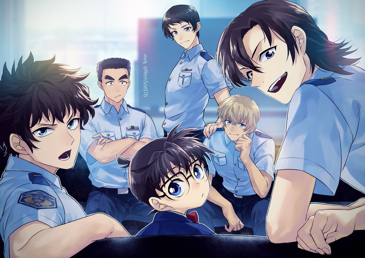 multiple boys shirt police police uniform glasses blue eyes male focus  illustration images