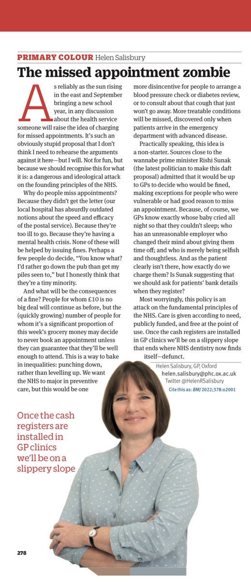 It’s sad that @HelenRSalisbury needed to write this in the <a href="/bmj_latest/">The BMJ</a>, but she’s right, it has to be repeated. On fining people for missed appointments.

“This is a way to bake in inequalities: punching down,
rather than levelling up”

Link if preferred:
bmj.com/content/378/bm…