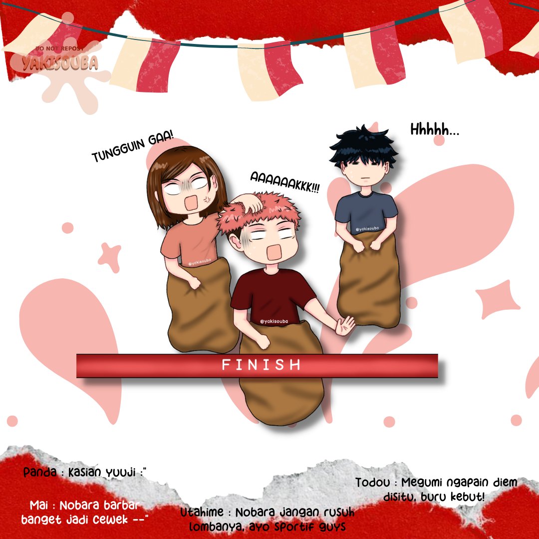 Nobara barbar mode on 🤣 dia ga terima yuuji lebih dulu, sementara megumi udh pasrah aja wkwkw

#17agustus #HUT77thRI #JJK #yuuji #Independenceday #artvq #megumi #artistsontwitter #itafushikugi #itadoriyuuji #kugisakinobara #fushiguromegumi #nobara