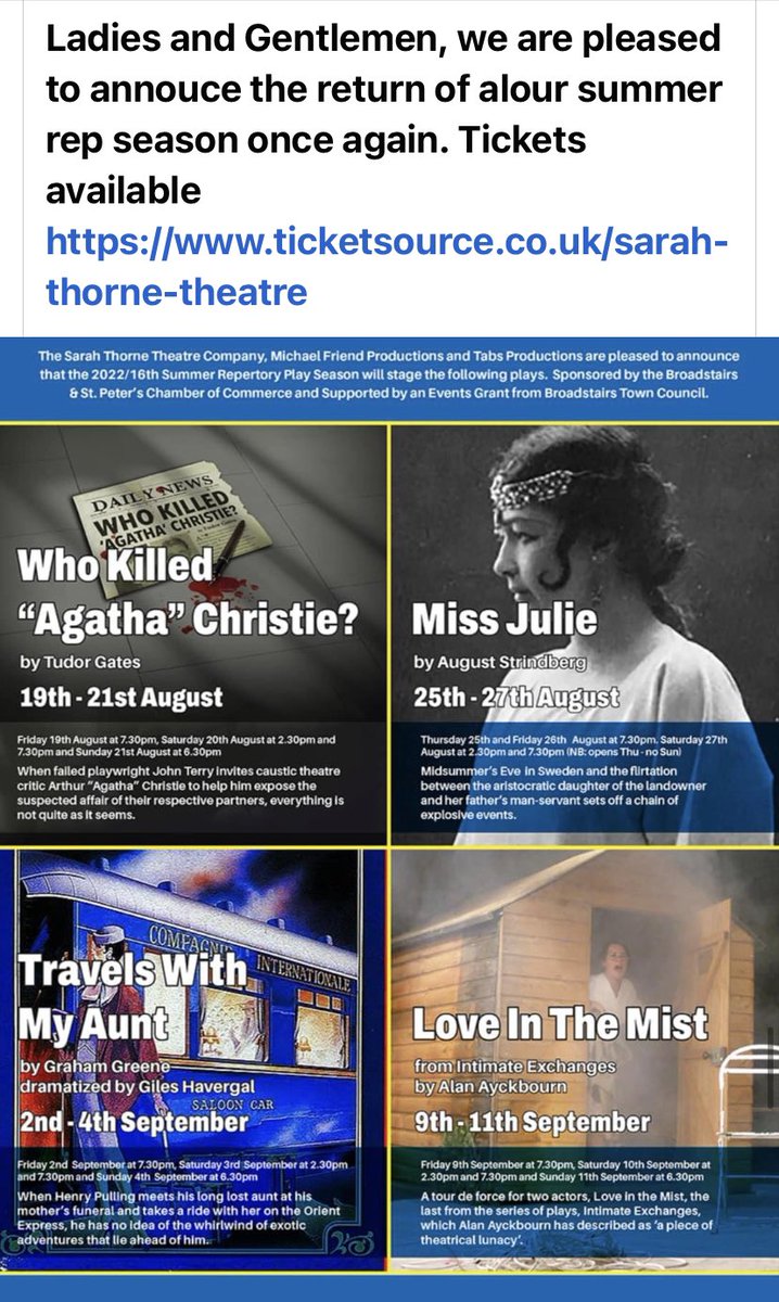 @SarahThorneThea Summer Rep starts this weekend in #Broadstairs 
Tickets here - sarahthornetheatre.co.uk/book