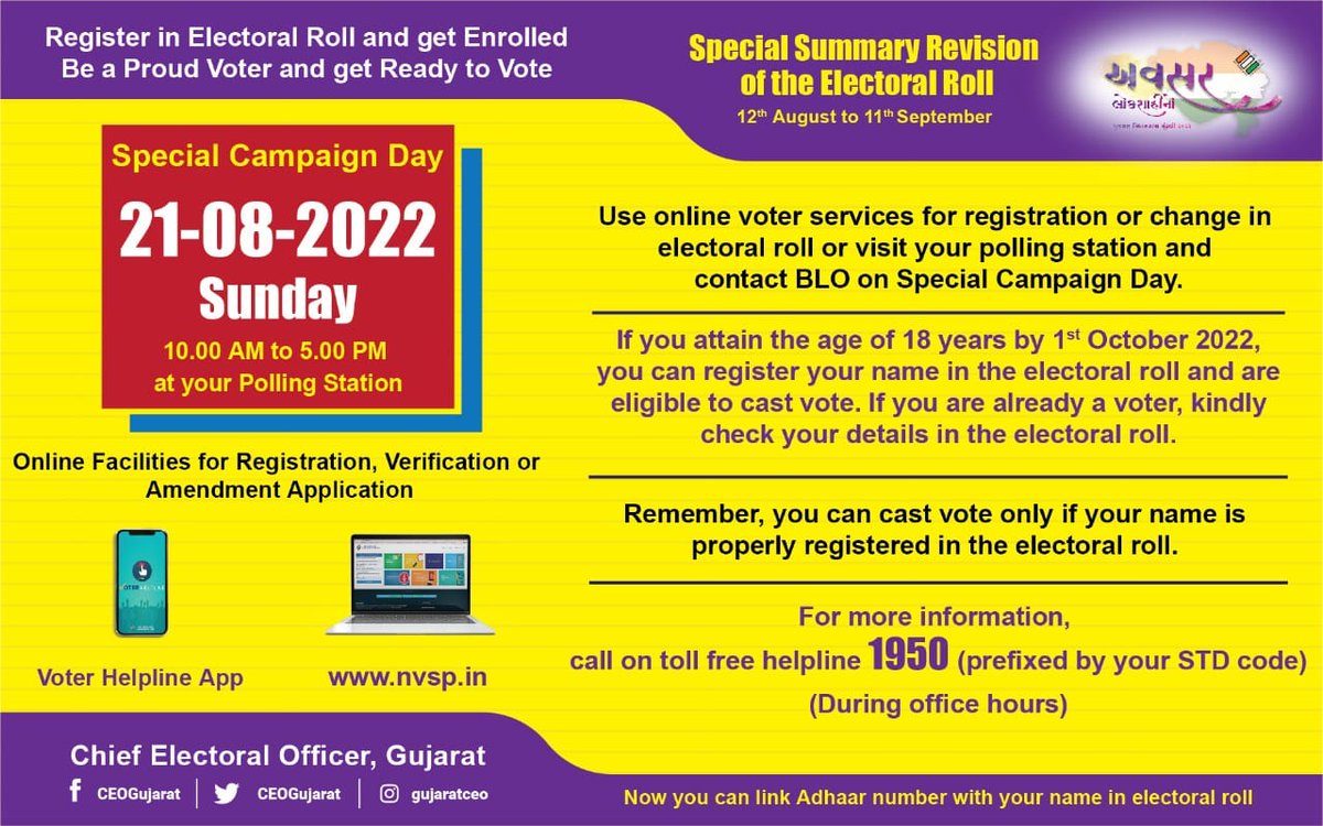 Specia Campaign Day - 21/08/2022
SPECIAL SUMMARY REVISION  - 2022 
(12th Aug to 11th Sept)
Download : Voter Helpline App 
Log In - nvsp.in
#CEOGujarat #GujaratElections2022 #GoRegister #SSR2022 #ElectionDepartment #VoterHelplineApp @CEOGujarat @ECISVEEP