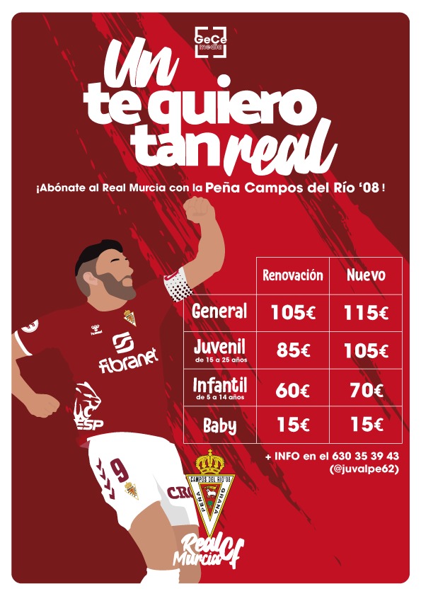Por 115€, general, puedes abonarte con la peña <a href="/Camposdelrio08/">Peña Campos Del Río '08</a> e ir a todos los partidos

Juvenil: 105€
Infantil: 70€
Baby: 15€