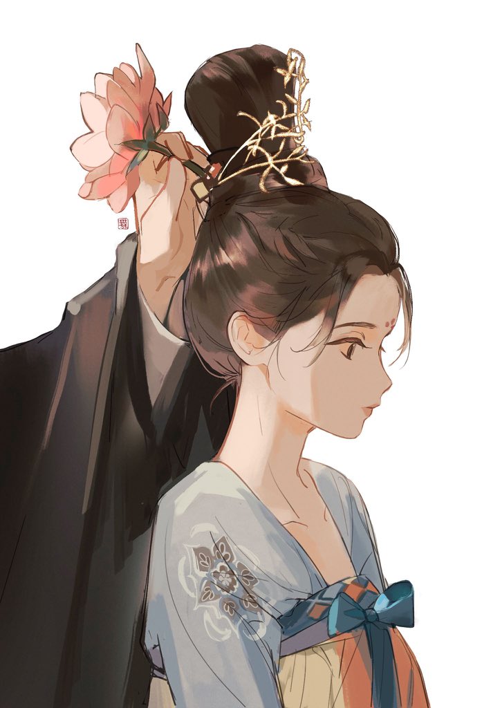 1girl hanfu flower white background forehead mark holding flower 1boy  illustration images