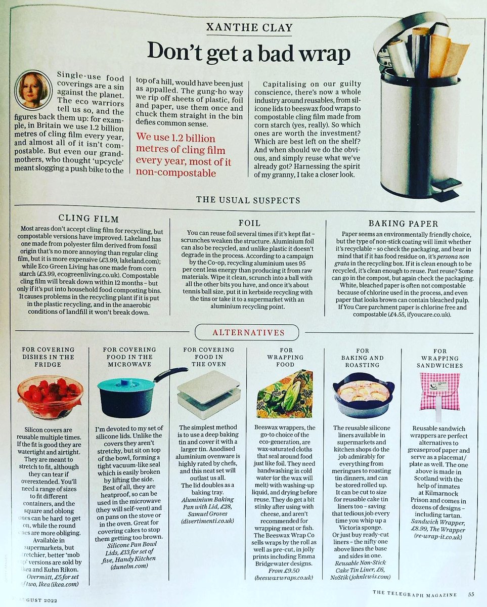 Re_Wrap_It's tweet photo. @XantheClay Delighted Wrappers get mentioned @Telegraph FABULOUS article about food wrapping, recycling & alternatives. We use 1.2 billion meters of cling film every year, most of it non-compostable Shocking stat! https://t.co/8nUJ0lIZWc #backtoschool #rewrapit @DeborahMeaden https://t.co/MmLC7tIlRg