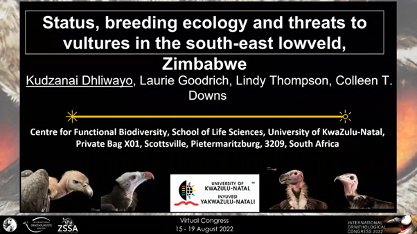 Lindyt18's tweet photo. Congratulations to Kudzanai Dhliwayo at #UKZN for her presentation about #vultures this week at the @io_congress !
#HawkMountain #EndangeredSpecies #TheEWT #birdsofpreyprogramme https://t.co/bDPYpyX6Ng