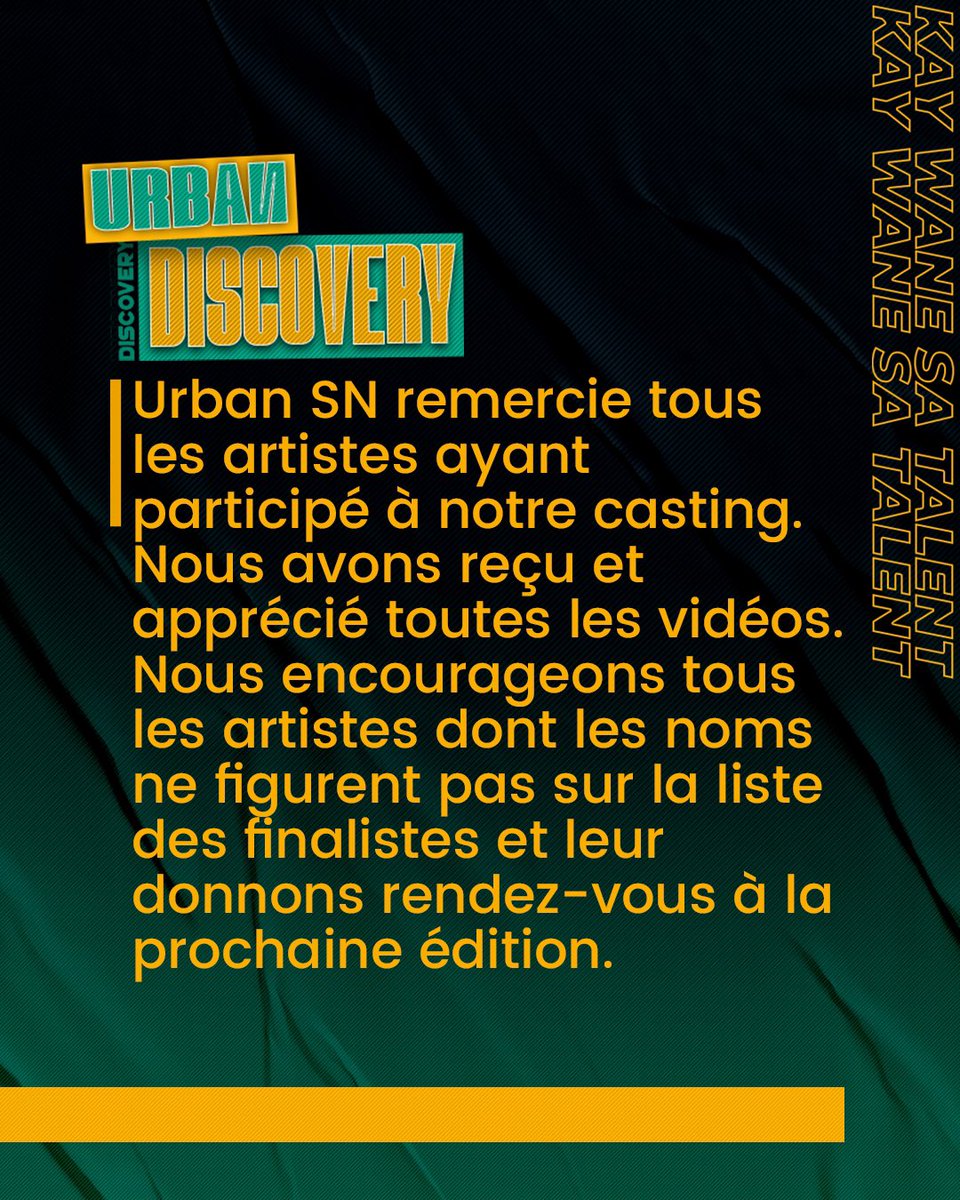 urban_sn's tweet photo. VOICI LA LISTE DES 20
FINALISTES
DU CONCOURS URBAN DISCOVERY !

@DeedoRecords @DeedoDkStudio @InstruRapFree @getrightmusic @DoumsTheGlasses 

#urbandiscovery #Rap #hiphop #AfricaUnited #black #Senegal #Dakar #urban https://t.co/C8Xnj3DyVO