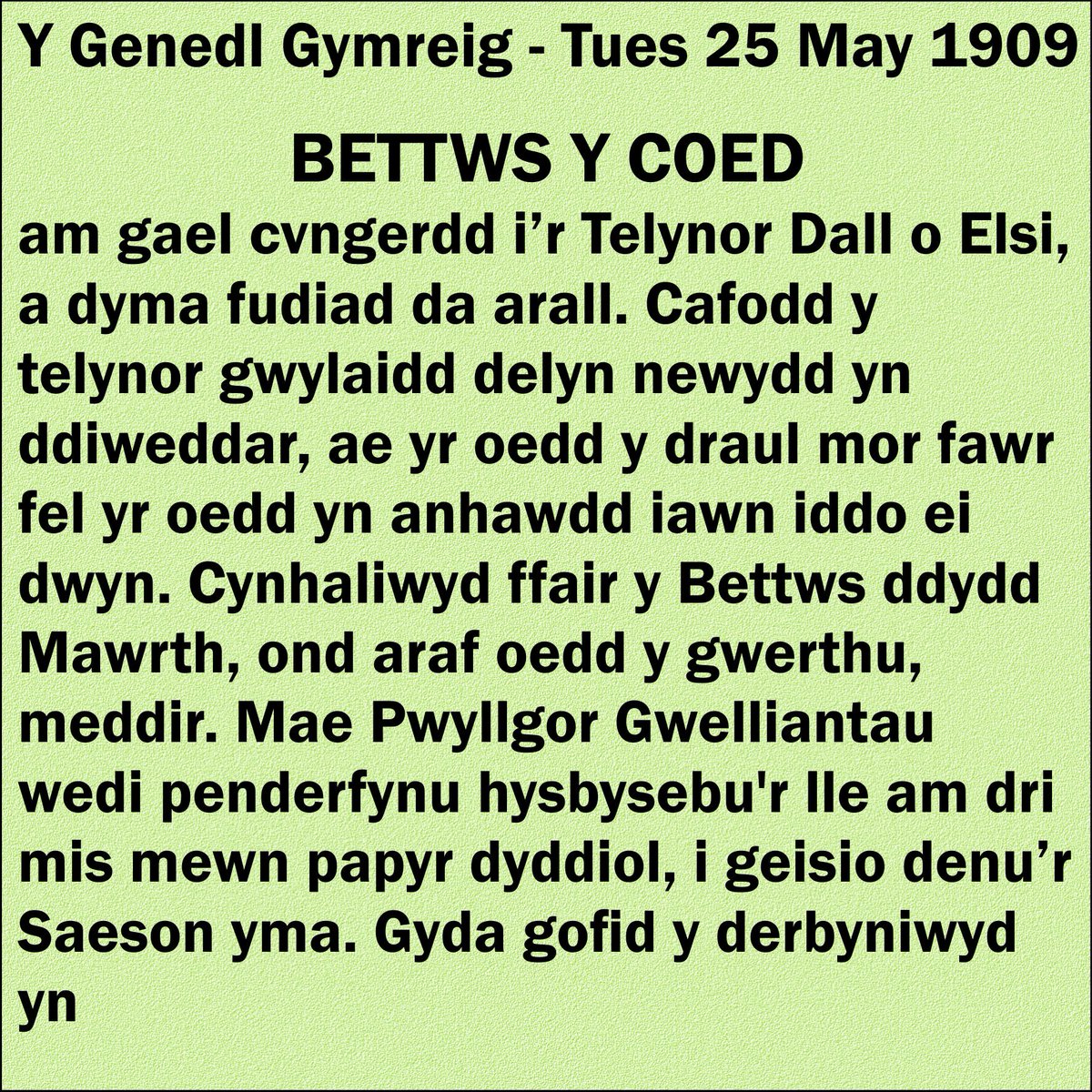 1920Hindsight's tweet photo. Today's news story is from a Welsh language paper. I've used an online translator but if anyone can improve on that... https://t.co/JE3k9jXz9u