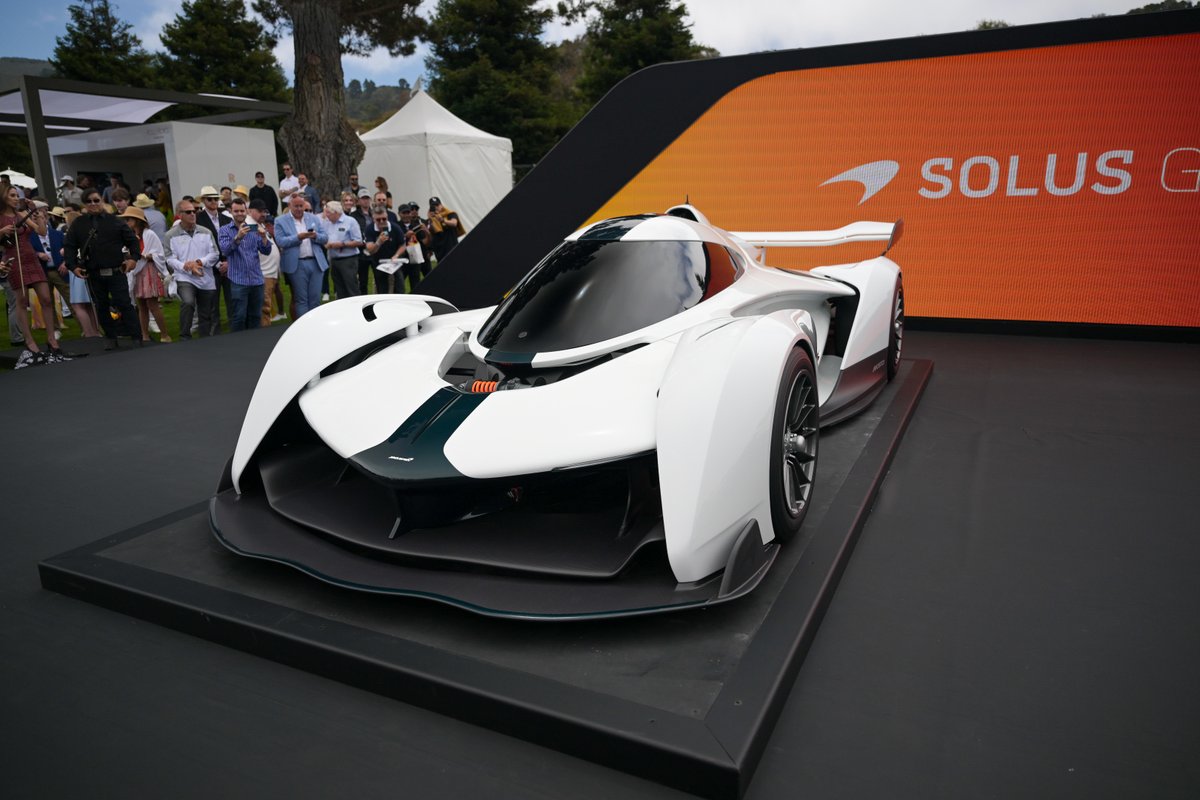 McLarenAuto's tweet photo. The covers coming off the McLaren Solus GT at #MontereyCarWeek The V10 5.2-litre Solus GT has already begun testing and deliveries to customers begin in 2023. https://t.co/n6kUNfAfr6 #McLarenSolusGT https://t.co/jnwNAFh6vx