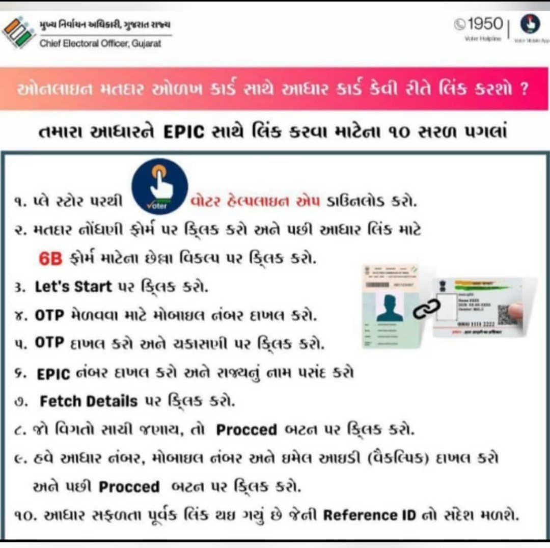 EPIC સાથે આધાર લિંક કરવું હવે બન્યું સરળ.
નીચે મુજબની પધ્ધતિ અનુસરવી.
<a href="/CEOGujarat/">Chief Electoral Officer, Gujarat</a> <a href="/collectorvalsad/">Collector Valsad</a> <a href="/rkpatel_IAS/">R K Patel</a> <a href="/InfoValsadGoG/">Info Valsad GoG</a> <a href="/InfoGujarat/">Gujarat Information</a> <a href="/ECISVEEP/">Election Commission of India</a>