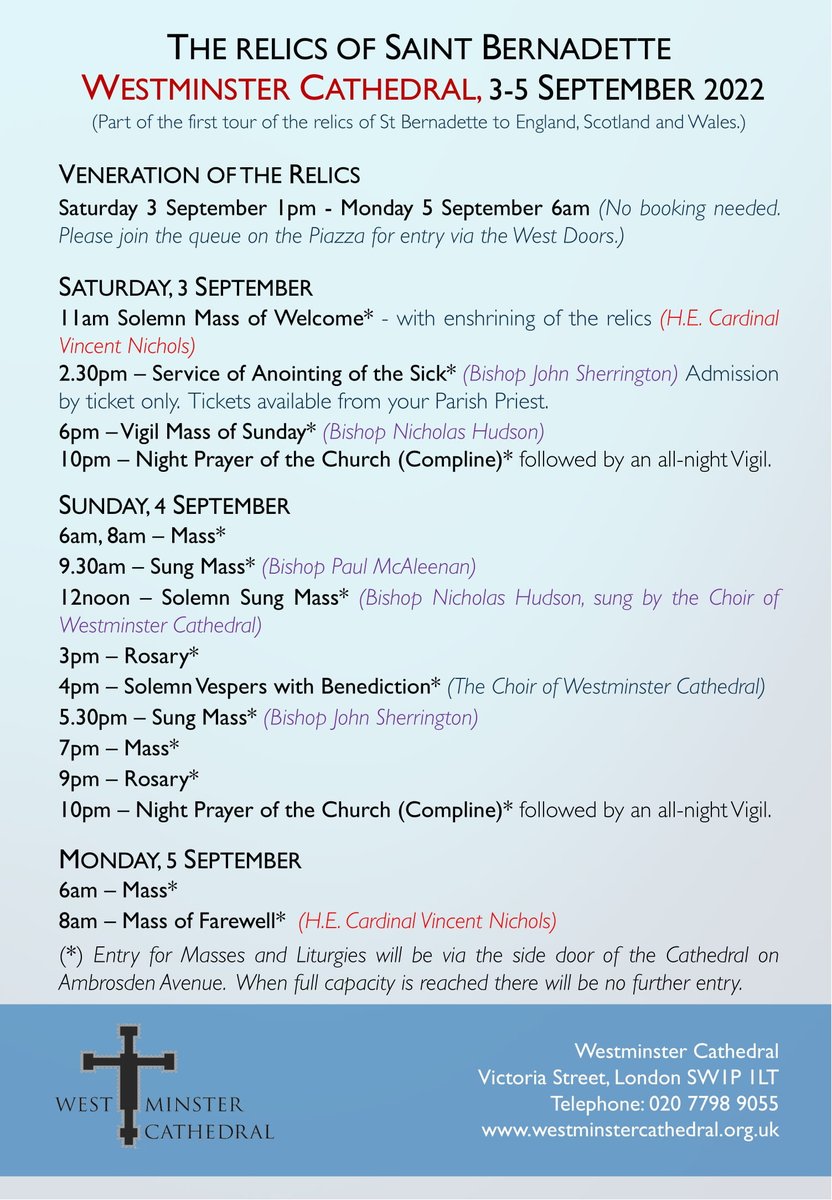 Our programme of events for the visit of St Bernadette!