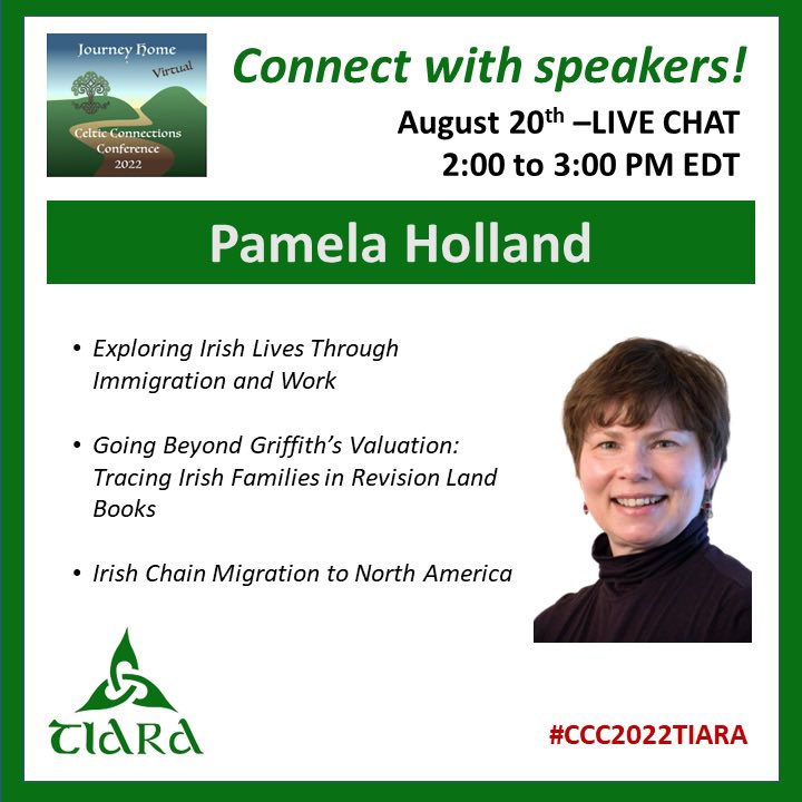 CeltConference's tweet image. Today’s LIVE CHAT is with @PamelaGHolland and you won’t want to miss it! Register for the Zoom link on the conference website. See you then- 2PM EDT!

#familyhistory
#genealogy
#ancestry
#dna 
#irishancestry
#irishgenealogy
#irishresearch
#irishfamilytree
#ccc2022tiara
