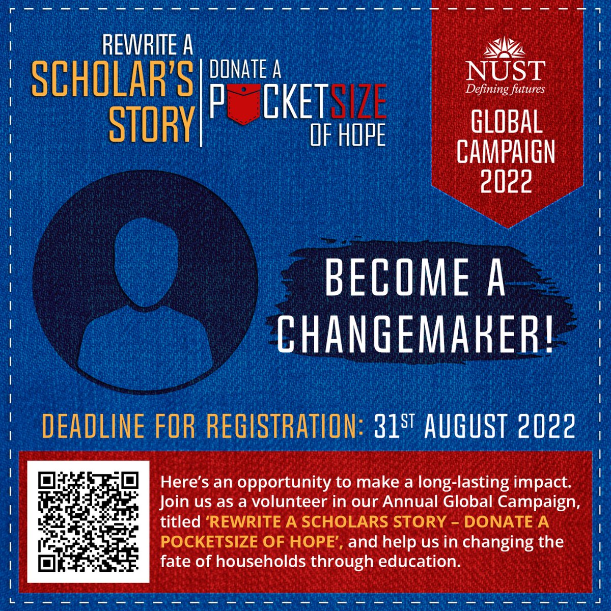 uaonust's tweet photo. BECOME A CHANGEMAKER 

Here's your chance of becoming a part of NUST Global Campaign 2022 by volunteering and helping us in amplifying the impact. 
#SupportAScholar #NEEDInitiative #ZeroOperationalHeaders #TaxCreditableGiving #ImpactOrientedGiving 

Deadline: 31st August 2022 https://t.co/JttLtydSdh