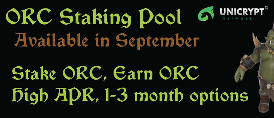 Exciting News Orclings 💚 We are launching a staking pool in September. - Stake ORC, earn ORC. - 1 to 3 month options. The more & longer you stake, the more ORC you earn. Details on the pool sizes will be announced prior to the pool being available. Load up on your ORC! 🚀