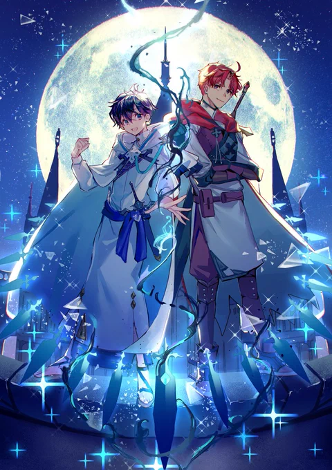 TOブックスさまより本日発売の『水属性の魔法使い 第一部 中央諸国編5』、引き続き装画を担当しております月をバックにした涼とアベルが目印です!よろしくお願いいたします～! 