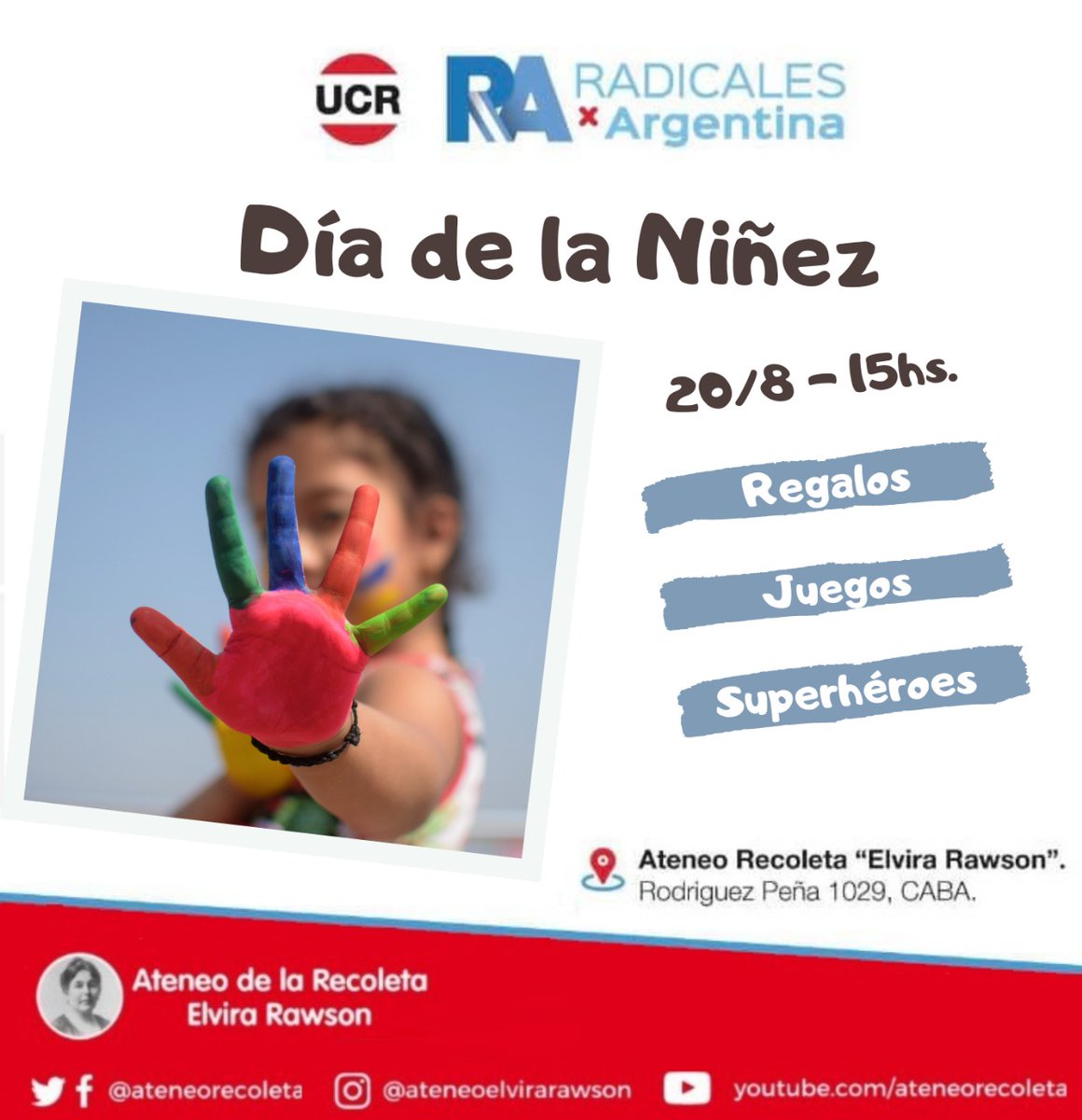 agulanovsky's tweet photo. HOY! En el @ateneorecoleta 🇵🇱, Día de la Niñez a las 15hs. en Rodríguez Peña 1029! 
🦸‍♂️🎁 Regalos, juegos y superhéroes para l@s más chic@s!
 
Con @hernan_najenson @karenlozzia @Isabelcaceresf2 @SophiaBerconsky @Delfi_Torres08 https://t.co/NL59IlF8Ay