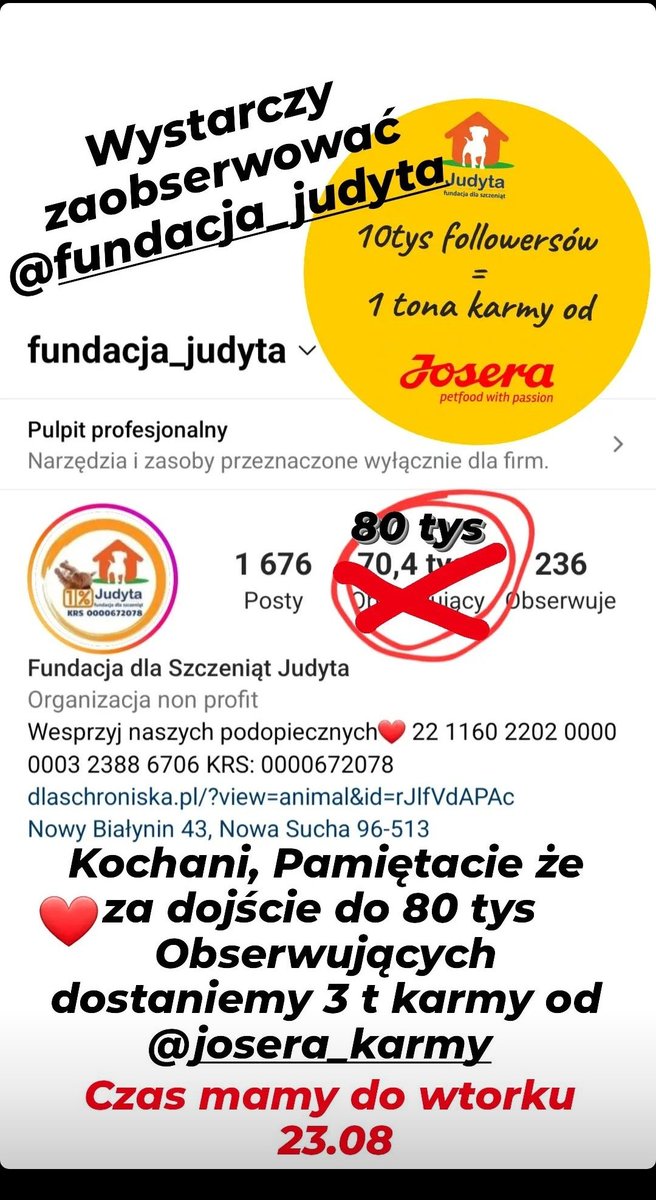 arinovva's tweet photo. Przypominam!
❌❌ 
Fundacja Judyta praktycznie za darmo może otrzymac 5 ton karmy dla zwierząt.
Jedyne co to musi zdobyć 100k follow na instagramie wiec jeśli ktoś nie może wesprzeć organizacji pieniężnie to istnieje druga opcja https://t.co/LMp0HW5ICw