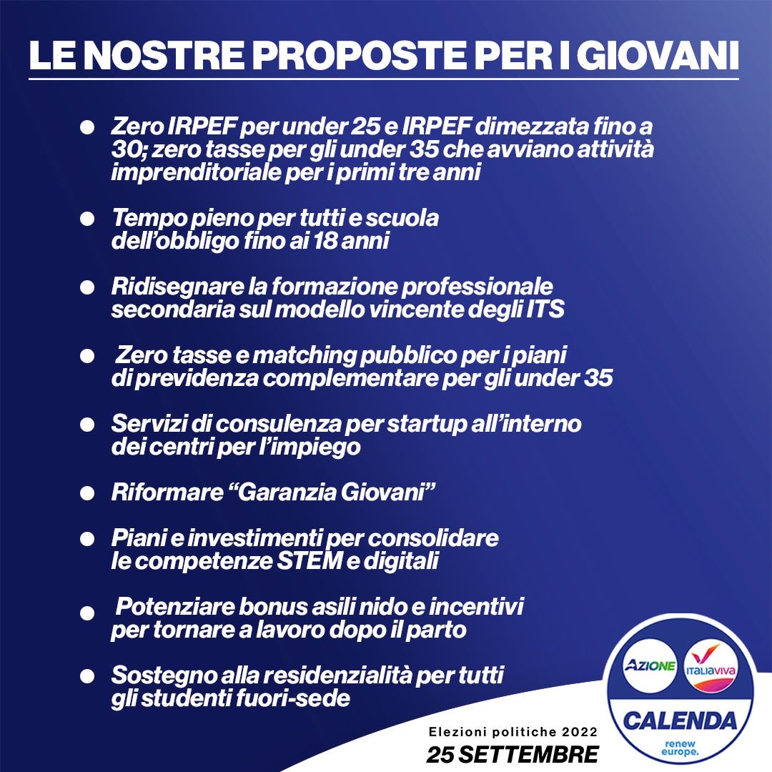 CarloCalenda's tweet photo. Meno tasse sul lavoro e più istruzione e preparazione. Altro che regalie di 10.000 euro e voto ai sedicenni. Prepariamo bene i giovani per essere cittadini consapevoli e lavoratori/imprenditori di successo. #ItaliaSulSerio https://t.co/Lio3OeK9it