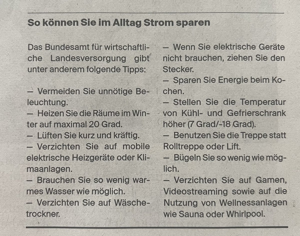Falls es noch jemanden geben würde, der das nicht schon alles weiss und beherzigt … 

#Stromsparen #energiekrise #Klimakatastrophe #Servicetweet aus <a href="/CH_Wochenende/">Schweiz am Wochenende</a>