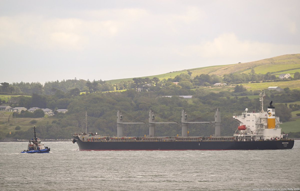 ClareChampion's tweet image. The Navi Star, a Bulk Carrier with 33000t of grain, is met by a tug near Foynes Port on Saturday. The ship, was one of the first to get out of Odessa under a UN backed deal done to lift the Russian blockade of the Black Sea. Photograph by John Kelly #navistar #grainshipment