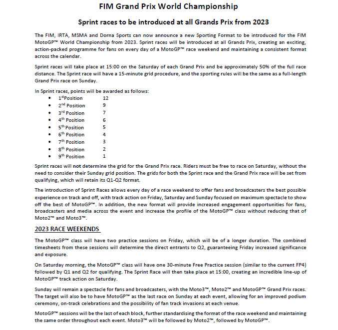 FIM statement on 2023 MotoGP format with sprint race