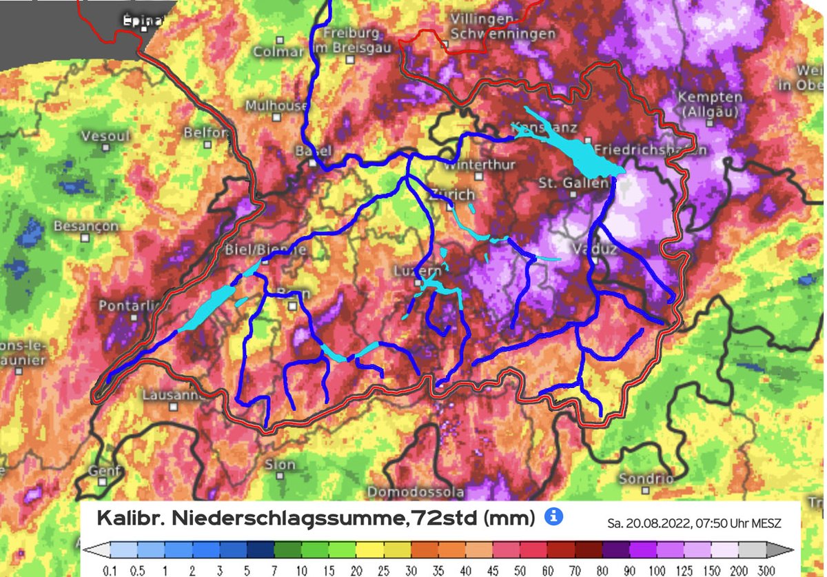 waterpeilen's tweet photo. Update Rijn1
Afgelopen dgn zeer veel regen in oost-CH, maar meeste water bovenstrooms grote meren, waaronder Bodenzee, die ca 30 cm steeg. Rijn levert dit slechts 60m3/s extra, oftewel 15cm peilstijging bij Lobith over 5 dgn. Maar nalevering duurt wel 2 tot 3 weken (zie vervolg) https://t.co/fXDMQqv4el