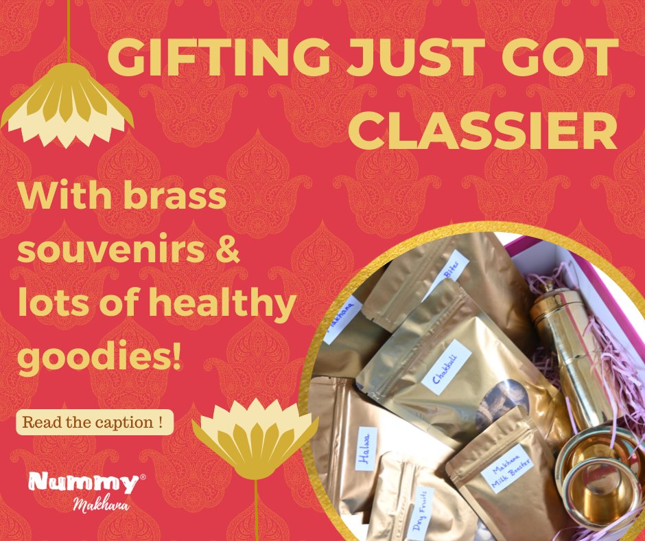 eatnummy's tweet photo. Gift hamper 1

This box will have the fol. Items

1. Brass coffee davara tumbler
2. Flavored makhana
3. Makhana milk booster
4. Dry fruits
5. Banana bites
6. Chakkuli

All of these in a reusable box - ₹1200＊

Inclusive of taxes 
Additional shipping charges 

Gift hamper 2

Th https://t.co/1PoliYuHmp
