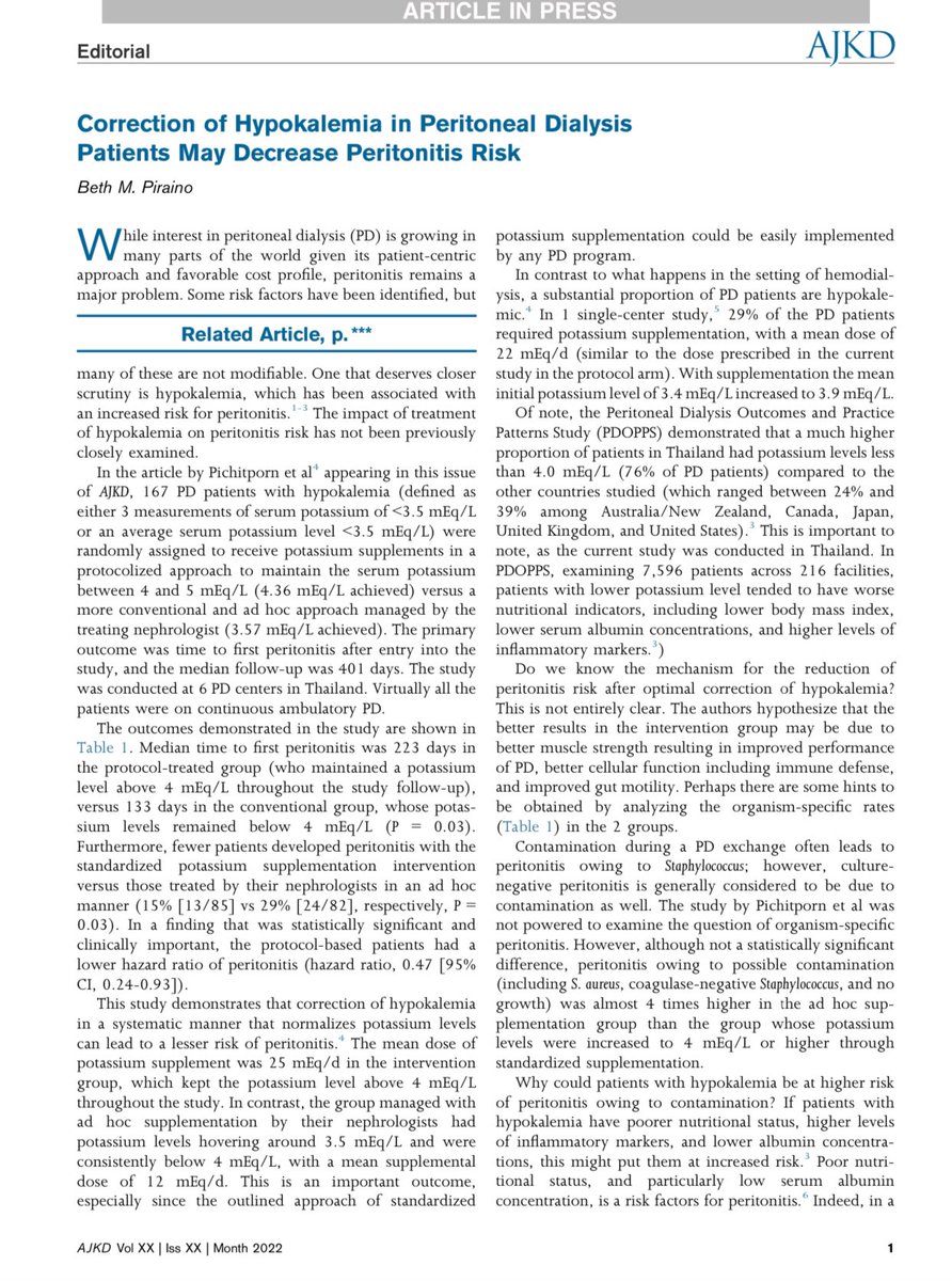Link between hypokalemia &amp; risk of peritonitis ⁉️ ca. 2022 from <a href="/AJKDonline/">AJKD</a> <a href="/BethPiraino1/">Beth Piraino</a> #Nephpearls 

👉🏼 ajkd.org/article/S0272-…