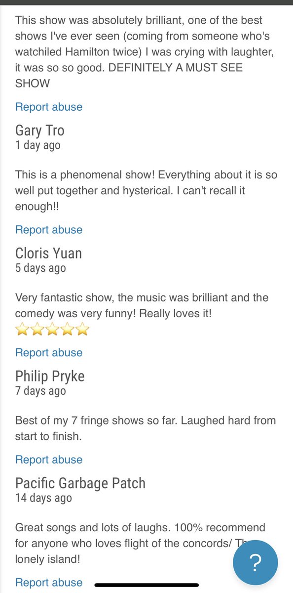 The cowardly British media are simply too AFRAID to review Two Hearts, so to convince you to come I would like to share this hyperbolic praise from the public! I particularly agree with “The comedy was very funny!”