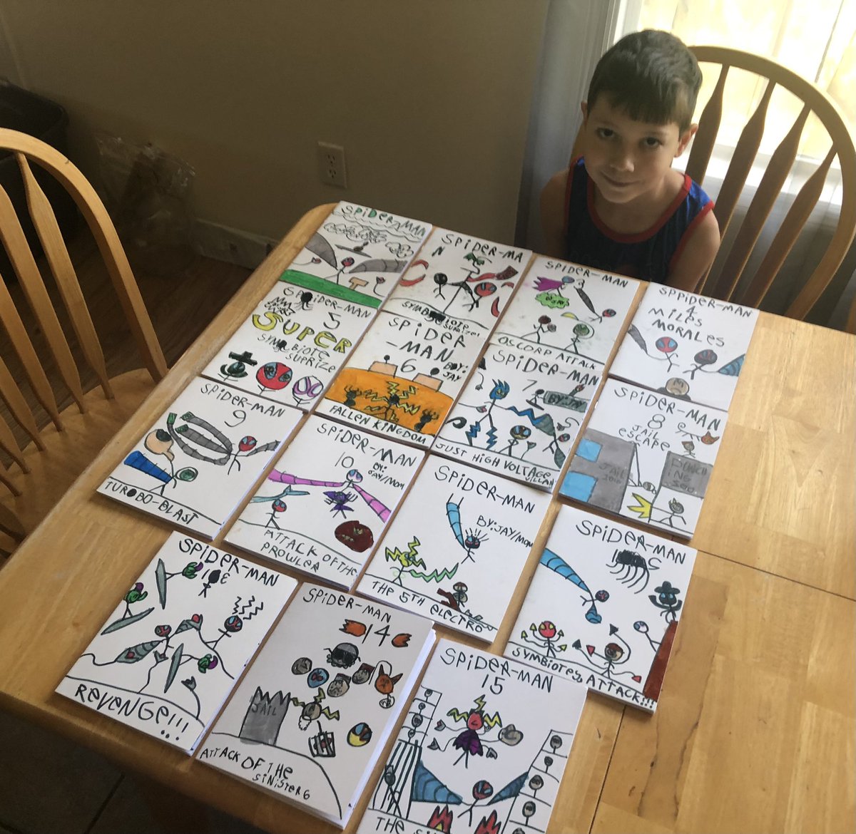 yardsaleartist's tweet image. My 7yo has now written 15 #SpiderMan comics - 16 pages in every book.

@marvel #makingcomics