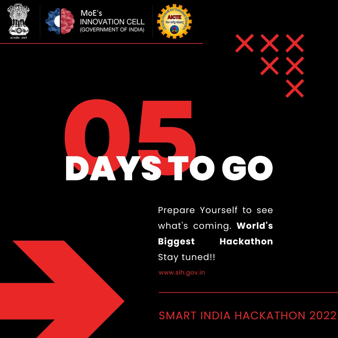 Smart India Hackathon 2024 (@sih2024_mic) on Twitter photo The countdown has began #SIH2022 <a href="/narendramodi/">Narendra Modi</a> <a href="/PMOIndia/">PMO India</a> <a href="/mhrd_innovation/">MOE's Innovation Cell- GOI</a> <a href="/abhayjere/">Dr. Abhay Jere</a> <a href="/mohitgambhir/">Dr. Mohit Gambhir</a> <a href="/adsahasrabudhe/">Anil Sahasrabudhe</a> @ImPankaj01 <a href="/sarimmoin/">sarim</a> <a href="/AICTE_INDIA/">AICTE</a> The countdown has began #SIH2022 <a href="/narendramodi/">Narendra Modi</a> <a href="/PMOIndia/">PMO India</a> <a href="/mhrd_innovation/">MOE's Innovation Cell- GOI</a> <a href="/abhayjere/">Dr. Abhay Jere</a> <a href="/mohitgambhir/">Dr. Mohit Gambhir</a> <a href="/adsahasrabudhe/">Anil Sahasrabudhe</a> @ImPankaj01 <a href="/sarimmoin/">sarim</a> <a href="/AICTE_INDIA/">AICTE</a>
