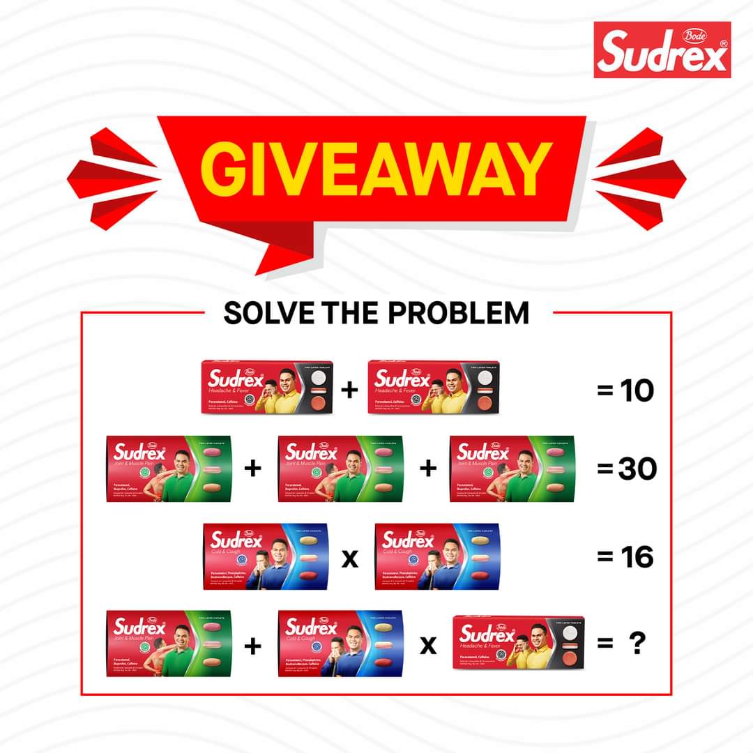 Giveaway from Sudrex Nigeria
Can you solve the problem 🤔 💭
If yes, visit their page to see how you can win
Good Luck 🤞
#SudrexNigeria
#OvercomeYourChallenge
#WinYourDay