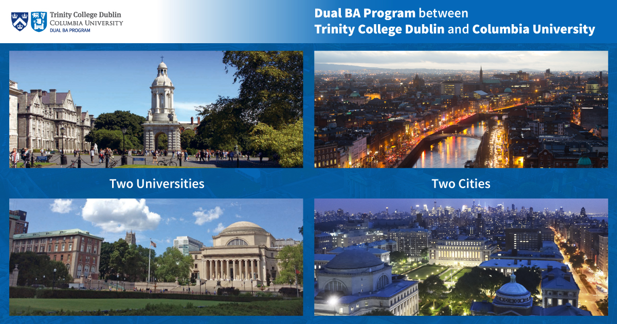 tcdglobal's tweet photo. Applications for the #DualBA between @tcddublin and @Columbia open this month! Two degrees, two continents, two cosmopolitan cities! Learn more: https://t.co/JmNIyVQ7Tt #ColumbiaDualBA #TrinityColumbia #ThinkTrinity #GSAroundTheWorld https://t.co/VfLgRUxMzp